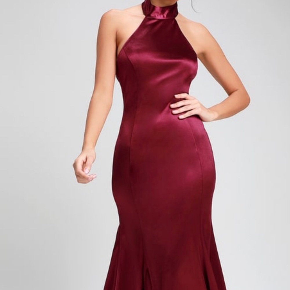 BURGUNDY SATIN HALTER MIDI DRESS